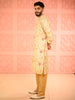 Lime Yellow Floral Vine Self Woven Design Pure Cotton Men's Kurta Set With Matching Pant