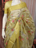 Lime Yellow Floral Vine and Birds Motif Thread Embroidered Design Pure Tissue Silk Fancy Saree with Geometric Thread Work Border
