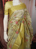 Lime Yellow Floral Vine and Birds Motif Thread Embroidered Design Pure Tissue Silk Fancy Saree with Geometric Thread Work Border