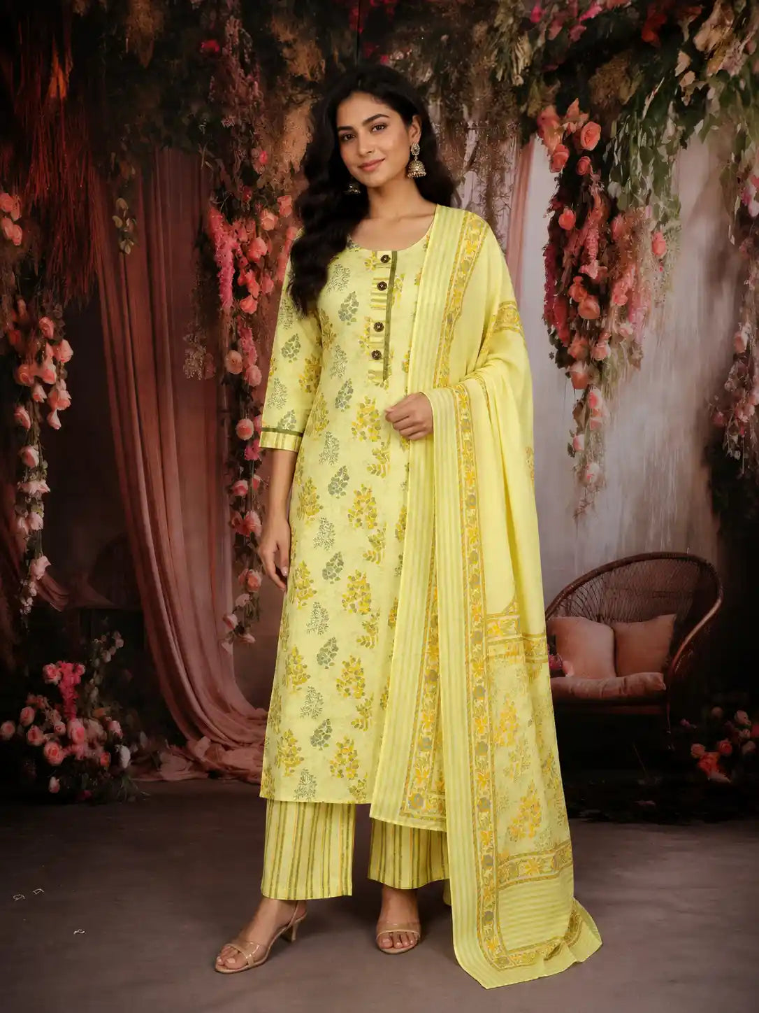 Lime Green Floral Printed Cotton Salwar Suit with Dupatta