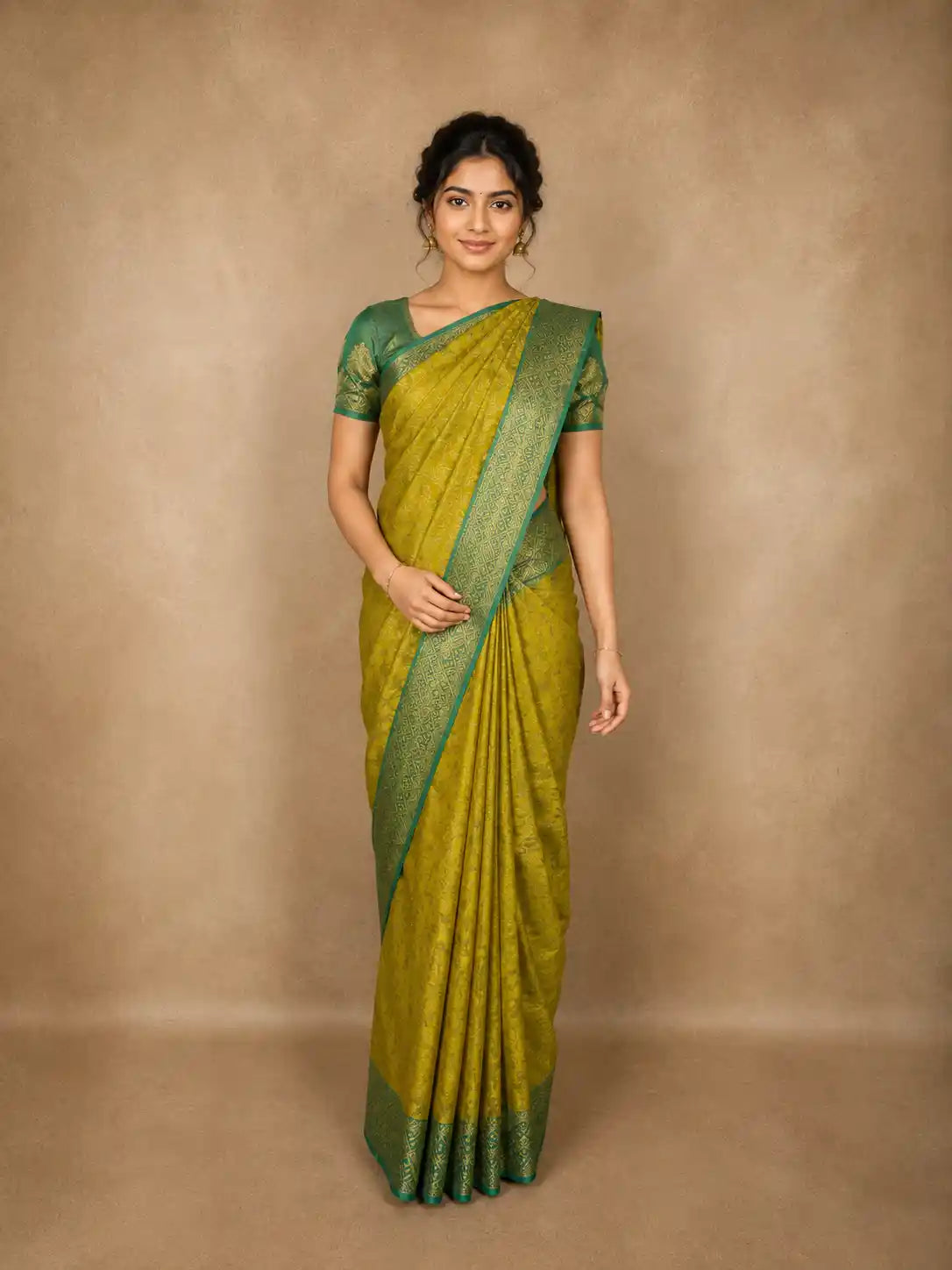 Lime Green Floral Woven Design Kanchipuram Silk Saree with Contrast Border
