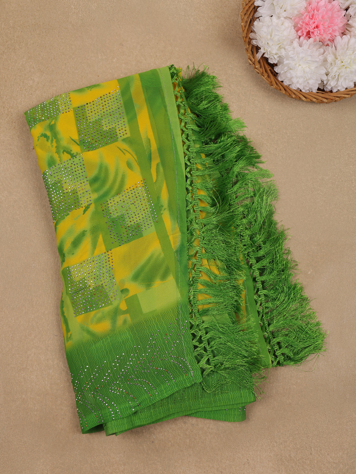 Lime Green Geometric Checked Print with Beaded Synthetic Saree - Diadem