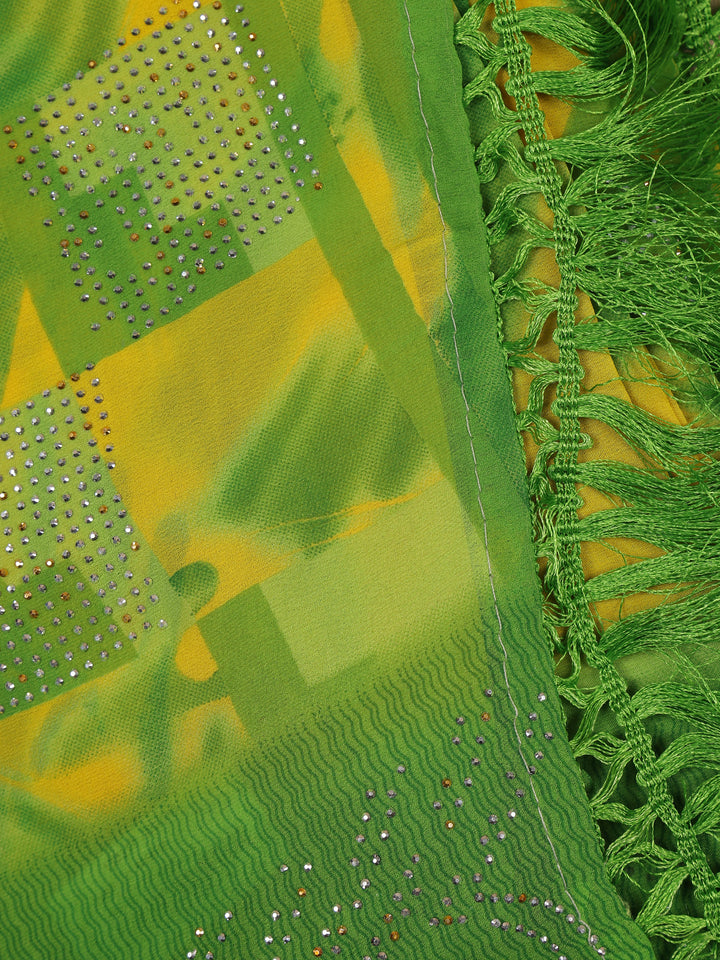 Lime Green Geometric Checked Print with Beaded Synthetic Saree - Diadem