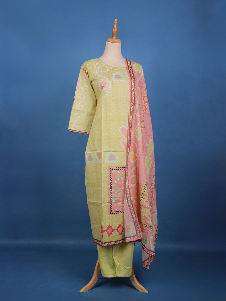 Lime Green Geometric Printed Cotton Salwar Suit Set - Diadem
