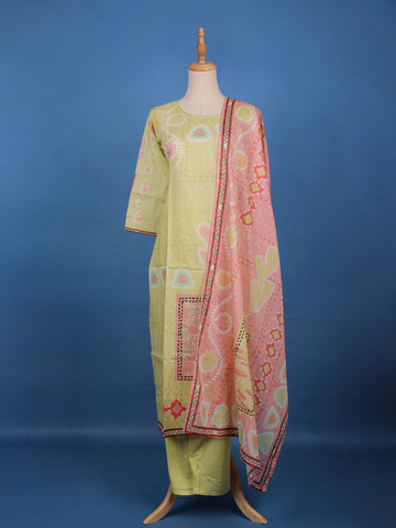 Lime Green Geometric Printed Cotton Salwar Suit Set - Diadem