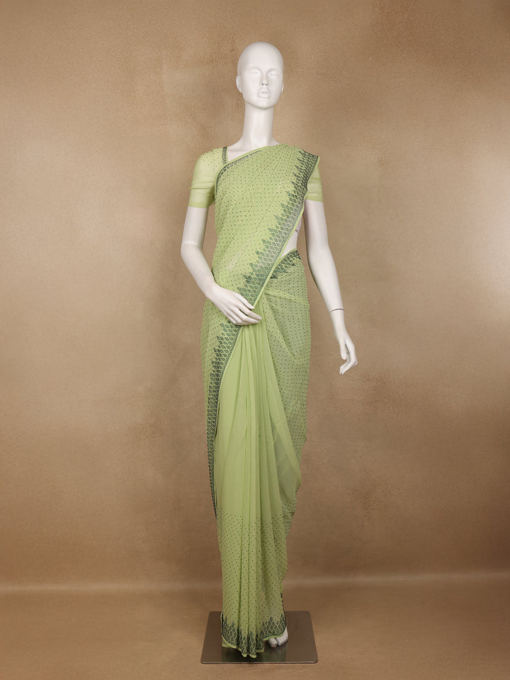 Lime Green Sequins Design Satin Saree - Diadem