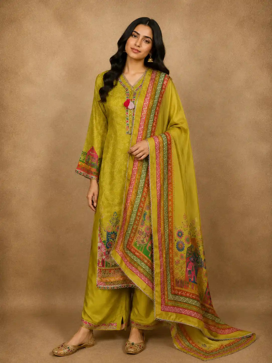 Lime Green Traditional Elephant and Floral Embroidered Design Cotton Salwar Suit with Dupatta
