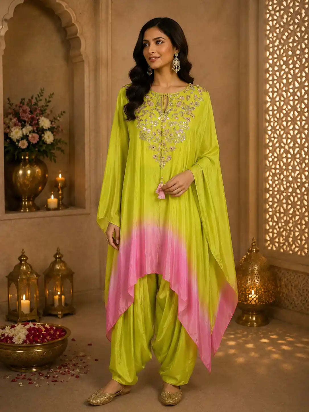 Lime Green and Soft Blush Pink Solid Sequins and Beads Embroidered Design Soft Satin Indo Western Kaftan Set