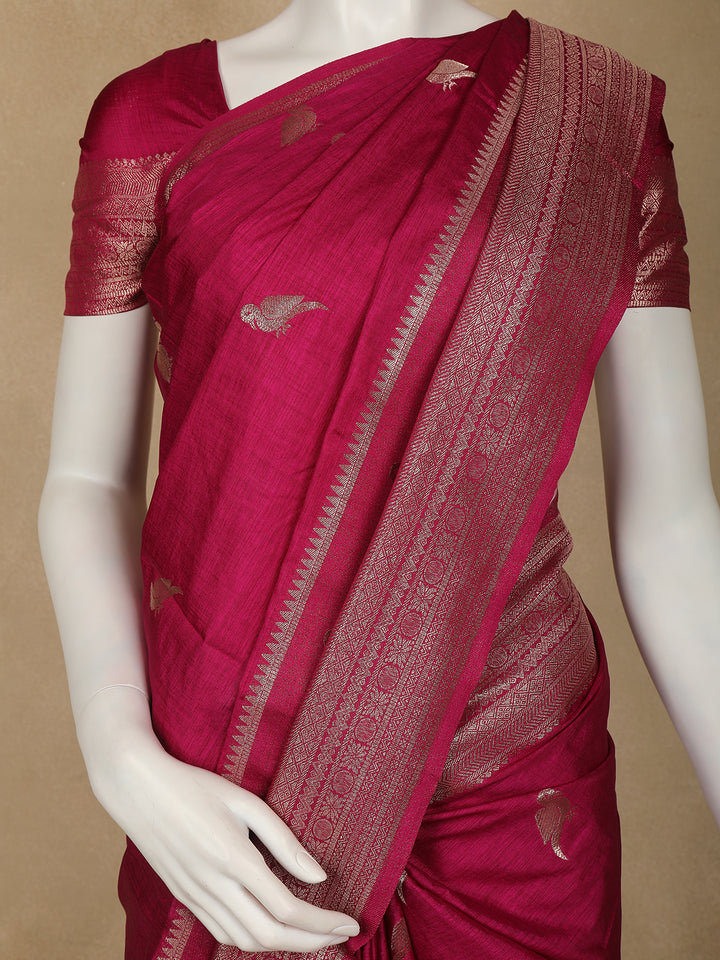 Magenta Bird Design Raw Silk Saree - Diadem