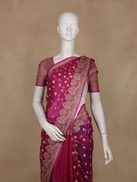 Magenta Pink Floral Design Silk Cotton Saree - Diadem