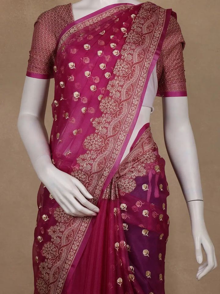 Magenta Pink Floral Design Silk Cotton Saree - Diadem