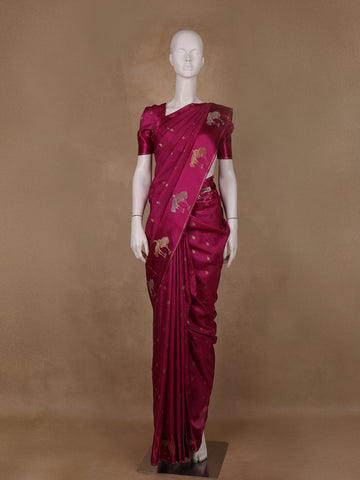 Magenta Pink Leaf Design Tussar Silk Saree - Diadem