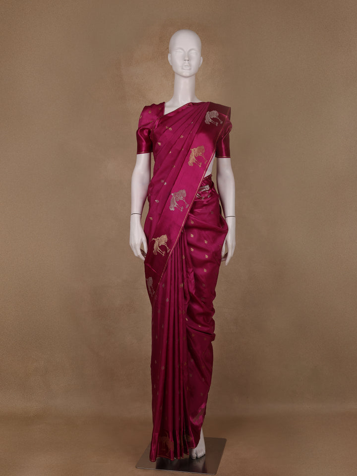 Magenta Pink Leaf Design Tussar Silk Saree - Diadem