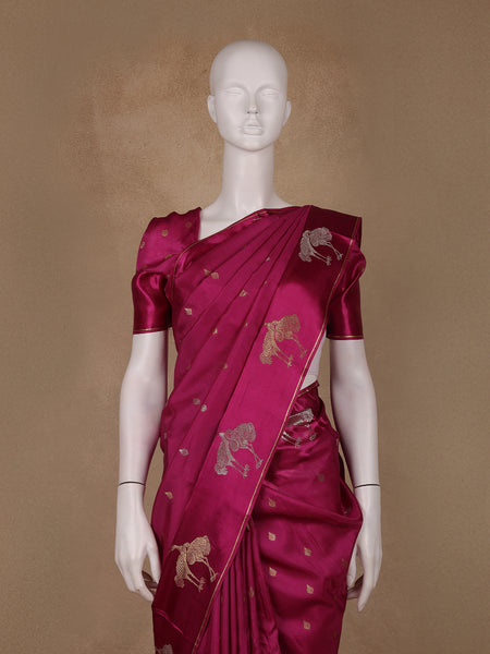 Magenta Pink Leaf Design Tussar Silk Saree - Diadem