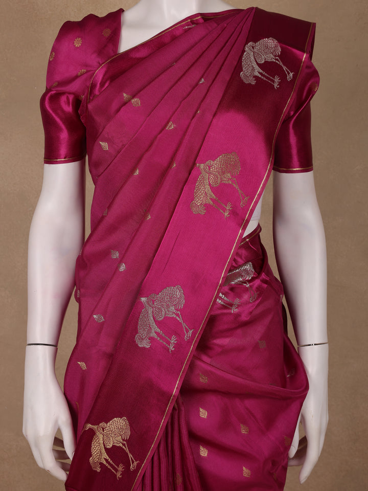 Magenta Pink Leaf Design Tussar Silk Saree - Diadem