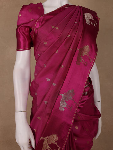 Magenta Pink Leaf Design Tussar Silk Saree - Diadem