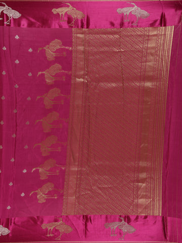 Magenta Pink Leaf Design Tussar Silk Saree - Diadem
