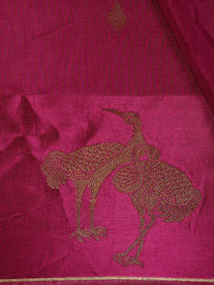 Magenta Pink Leaf Design Tussar Silk Saree - Diadem