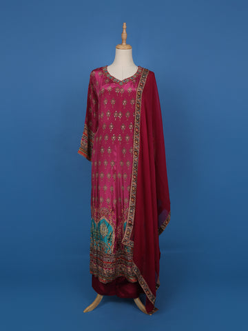 Magenta Printed Straight Cut Salwar Suit with Mirror Embellishments - Diadem