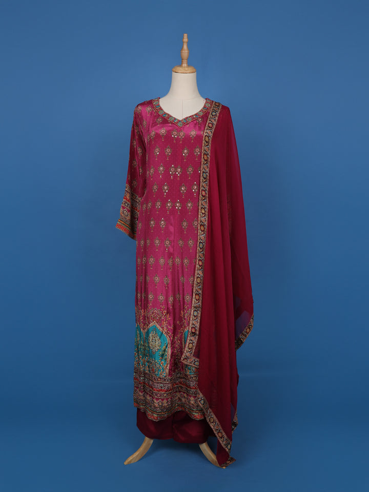 Magenta Printed Straight Cut Salwar Suit with Mirror Embellishments - Diadem