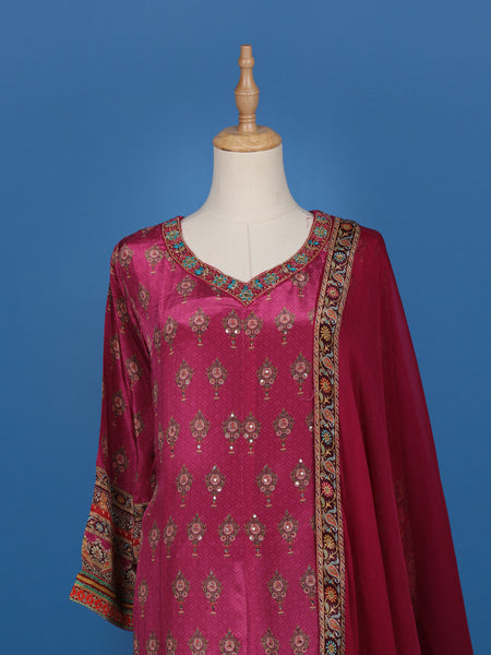 Magenta Printed Straight Cut Salwar Suit with Mirror Embellishments - Diadem