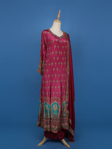 Magenta Printed Straight Cut Salwar Suit with Mirror Embellishments - Diadem