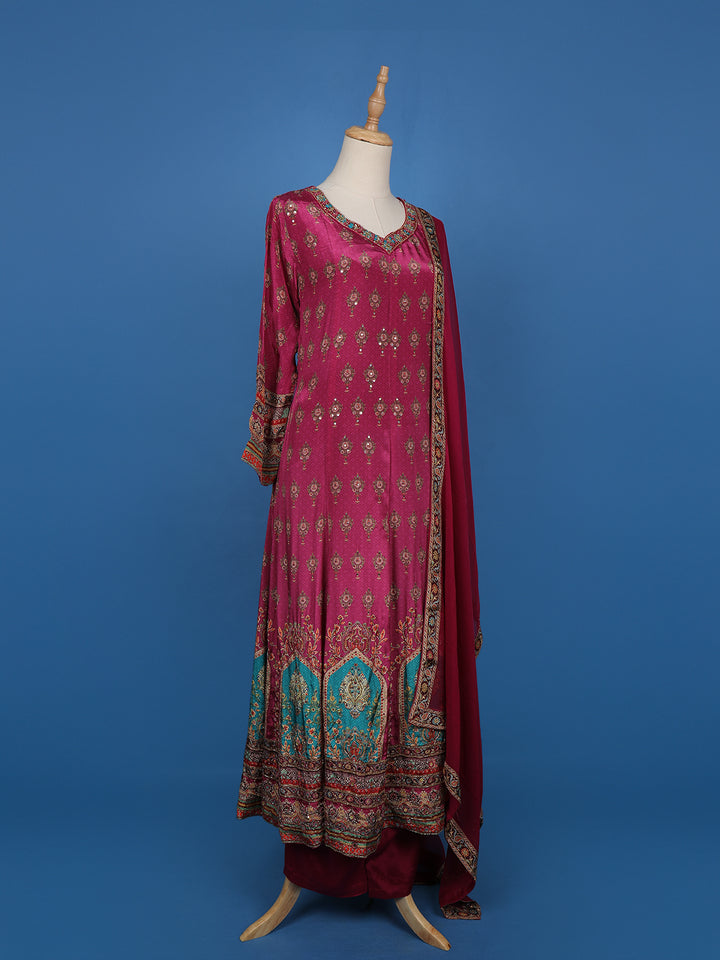 Magenta Printed Straight Cut Salwar Suit with Mirror Embellishments - Diadem