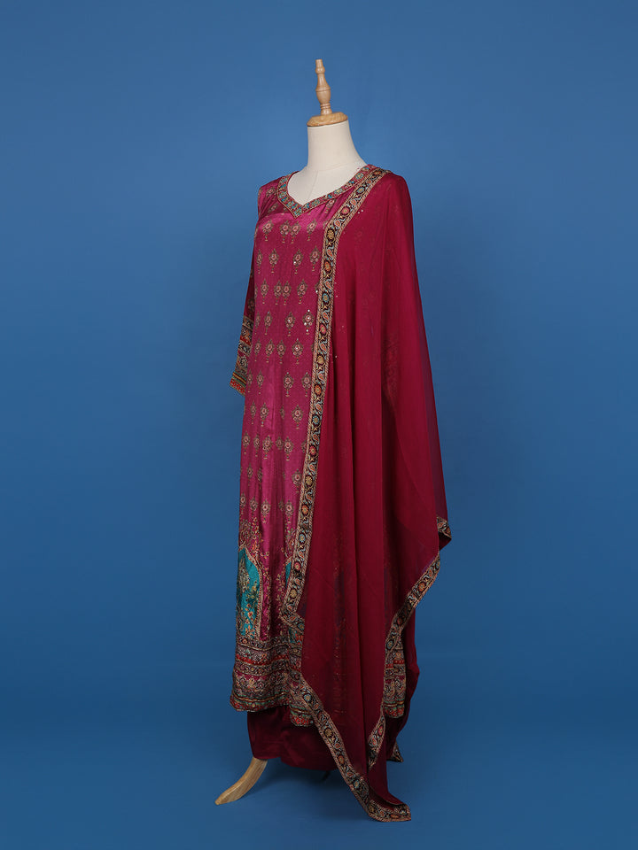 Magenta Printed Straight Cut Salwar Suit with Mirror Embellishments - Diadem