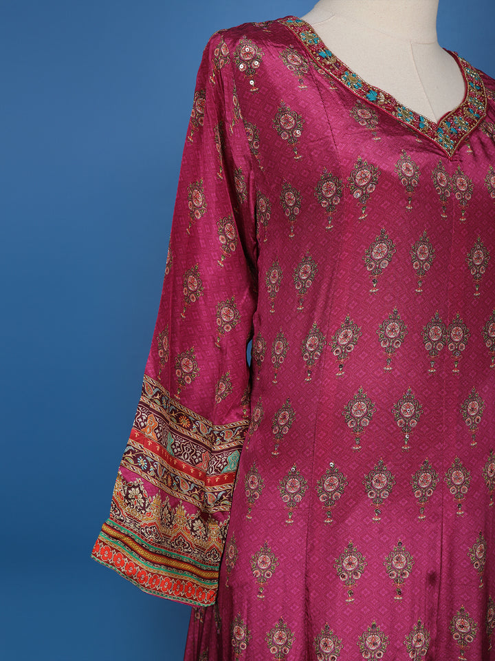 Magenta Printed Straight Cut Salwar Suit with Mirror Embellishments - Diadem