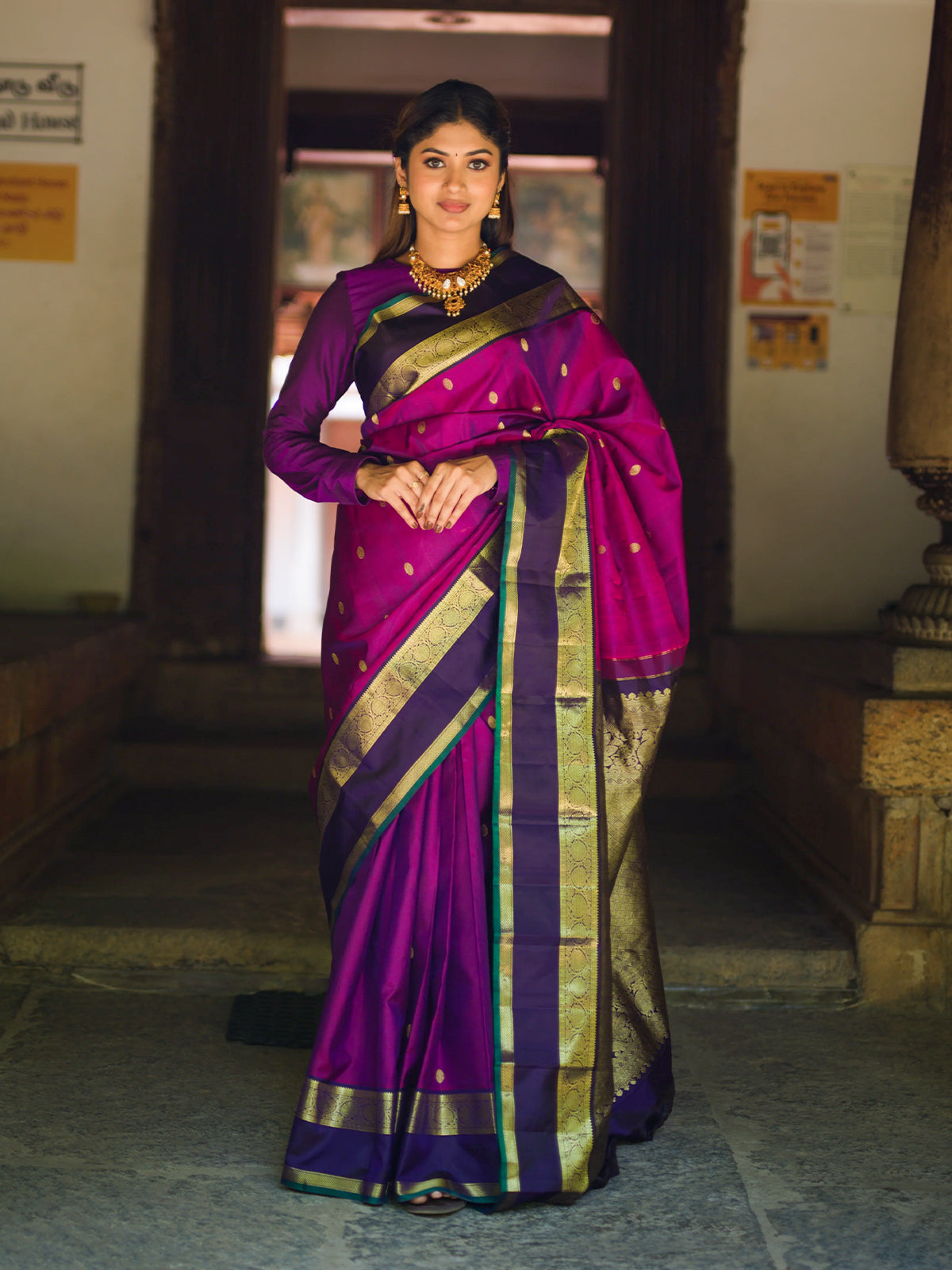 Magenta Purple Butta Zari Woven Design Pure Kanchipuram Silk Saree with Contrast Retta Pattu Border