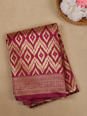 Magenta Wine Geometric Ikat Design Silk Saree - Diadem