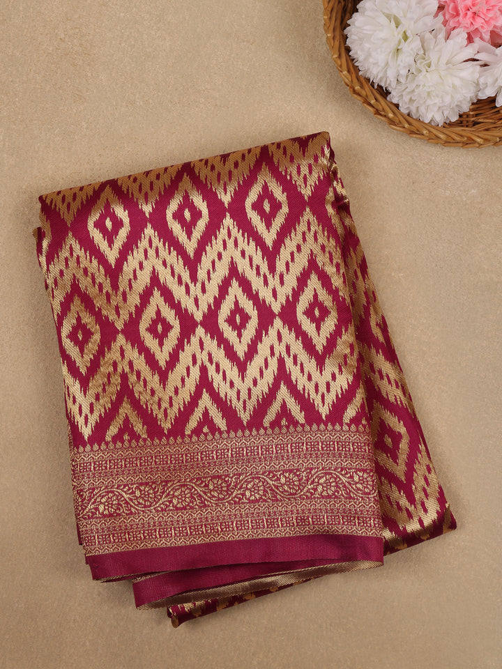 Magenta Wine Geometric Ikat Design Silk Saree - Diadem