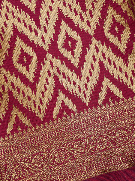 Magenta Wine Geometric Ikat Design Silk Saree - Diadem