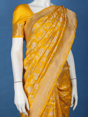 Majestic Mustard Yellow Floral Design Banarasi Silk Saree - Diadem