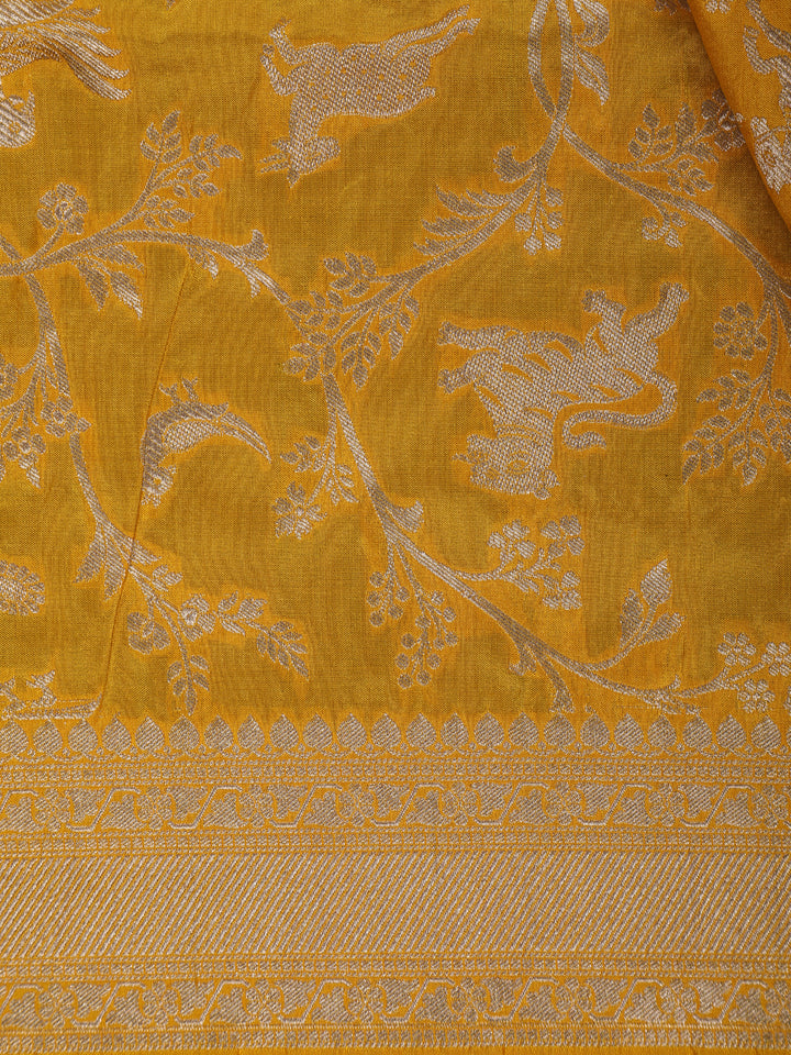 Majestic Mustard Yellow Floral Design Banarasi Silk Saree - Diadem
