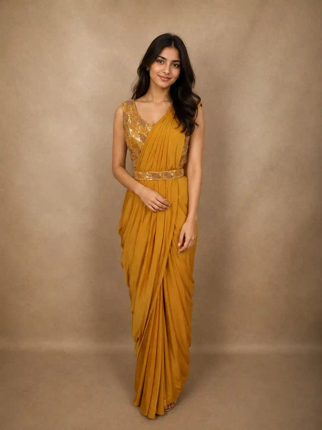 Marigold Mustard Yellow Sequins and Beads Embroidered Design Satin Ready To Wear Saree with Designer Blouse and Belt