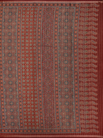 Maroon Ajrakh Floral And Geometric Printed Cotton Saree - Diadem