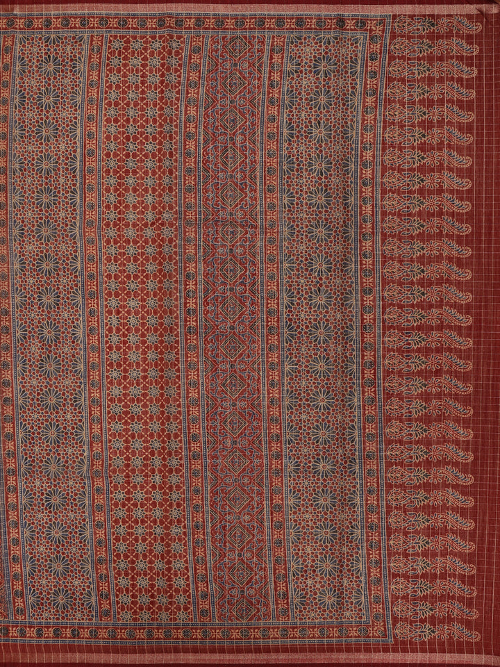 Maroon Ajrakh Floral And Geometric Printed Cotton Saree - Diadem