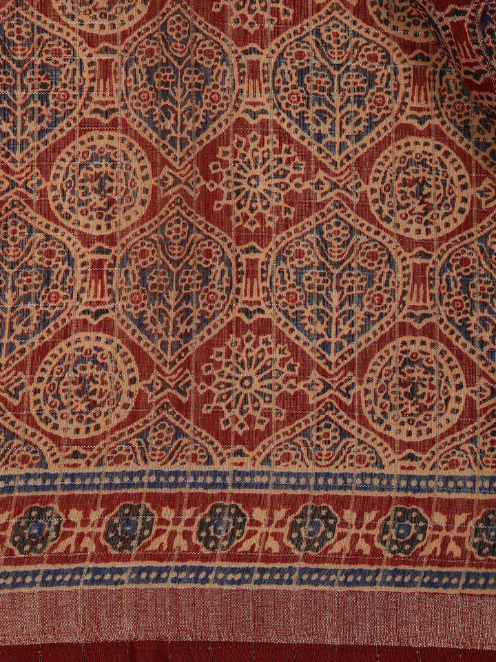 Maroon Ajrakh Floral And Geometric Printed Cotton Saree - Diadem
