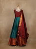 Maroon And Peacock Blue Floral Woven Banarasi Silk Gown With Dupatta