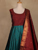 Maroon And Peacock Blue Floral Woven Banarasi Silk Gown With Dupatta