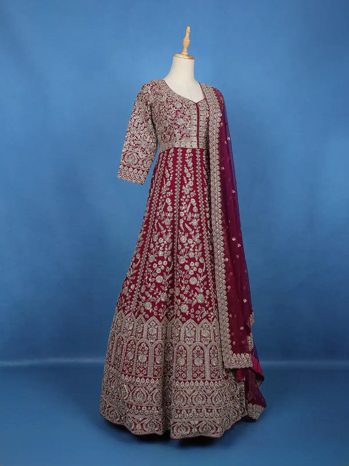 Maroon Floral Designed Anarkali Georgette Gown - Diadem