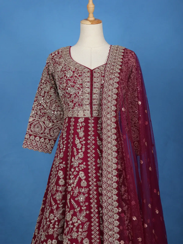 Maroon Floral Designed Anarkali Georgette Gown - Diadem