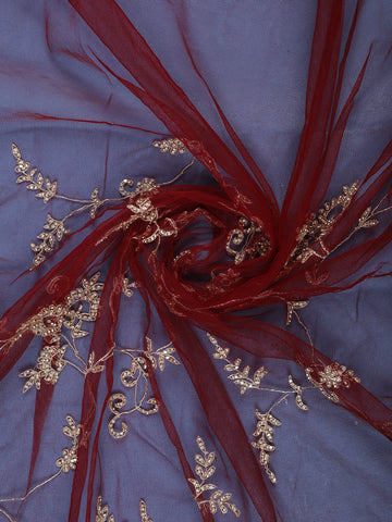 Maroon Floral Embroidered Net Saree With Matching Blouse - Diadem