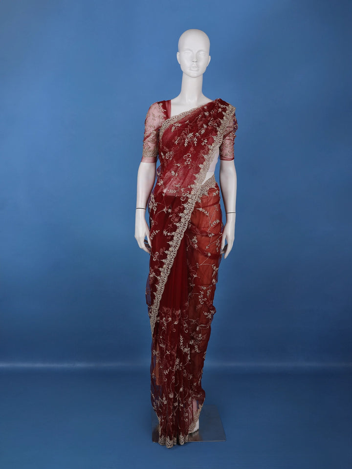 Maroon Floral Embroidered Net Saree With Matching Blouse - Diadem