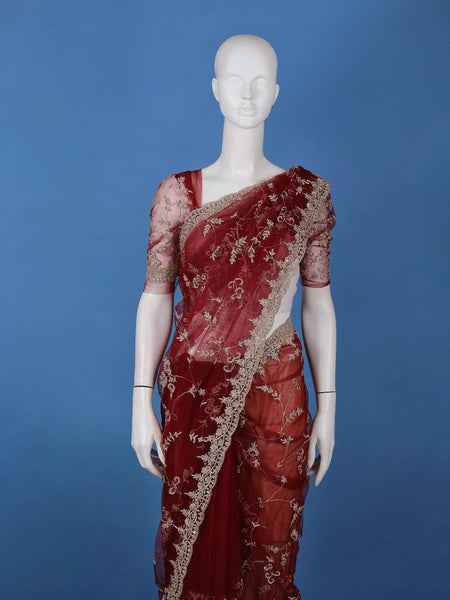 Maroon Floral Embroidered Net Saree With Matching Blouse - Diadem
