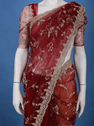 Maroon Floral Embroidered Net Saree With Matching Blouse - Diadem