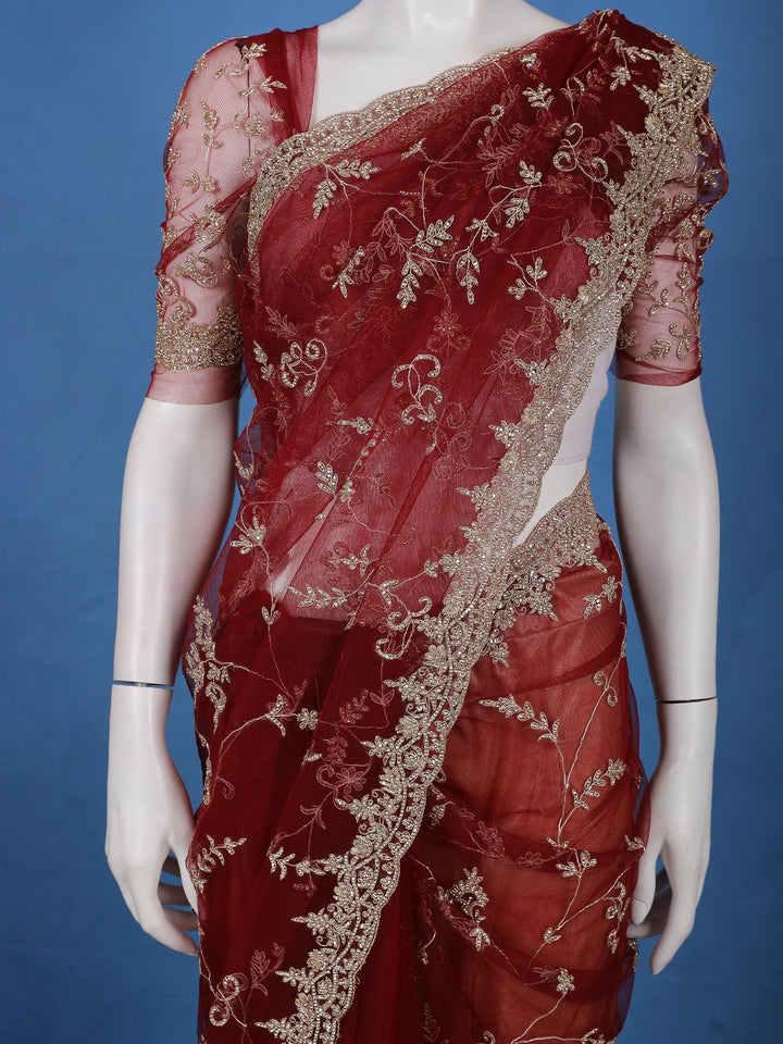Maroon Floral Embroidered Net Saree With Matching Blouse - Diadem