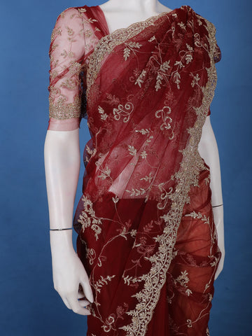 Maroon Floral Embroidered Net Saree With Matching Blouse - Diadem