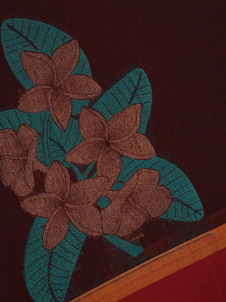 Maroon Floral Motif Design Cotton Saree - Diadem